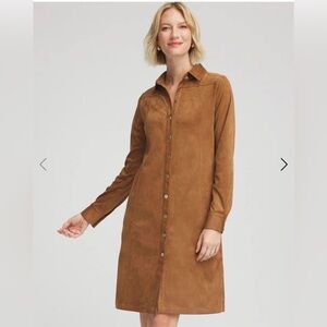 Chico's Button-Front Suede-Look Long Sleeve Dress in Cognac Brown